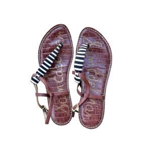 Sam Edelman Gigi Brown Croc Leather Sandals Black White Stripe Thong Flats 9M